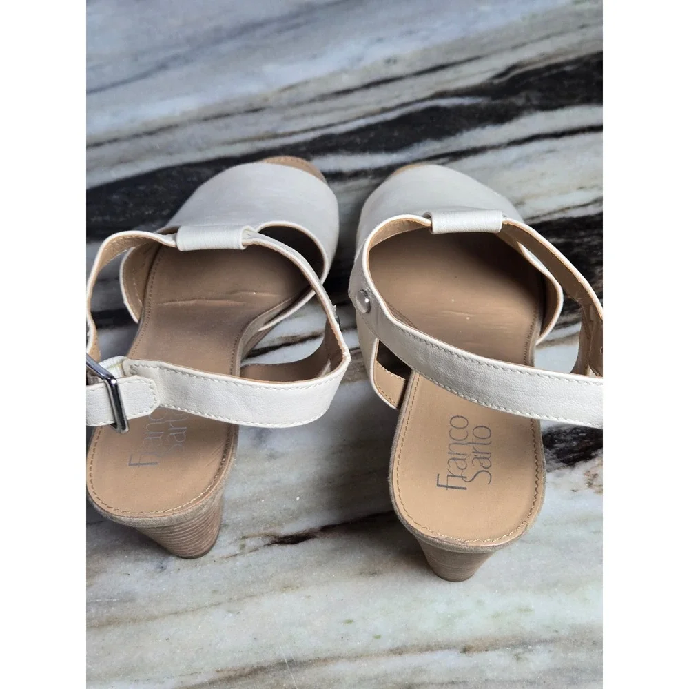 Franco Sarto Annika Cream Leather Low Wedge‎ Sandals Mens 10M Ivory Buckle Strap